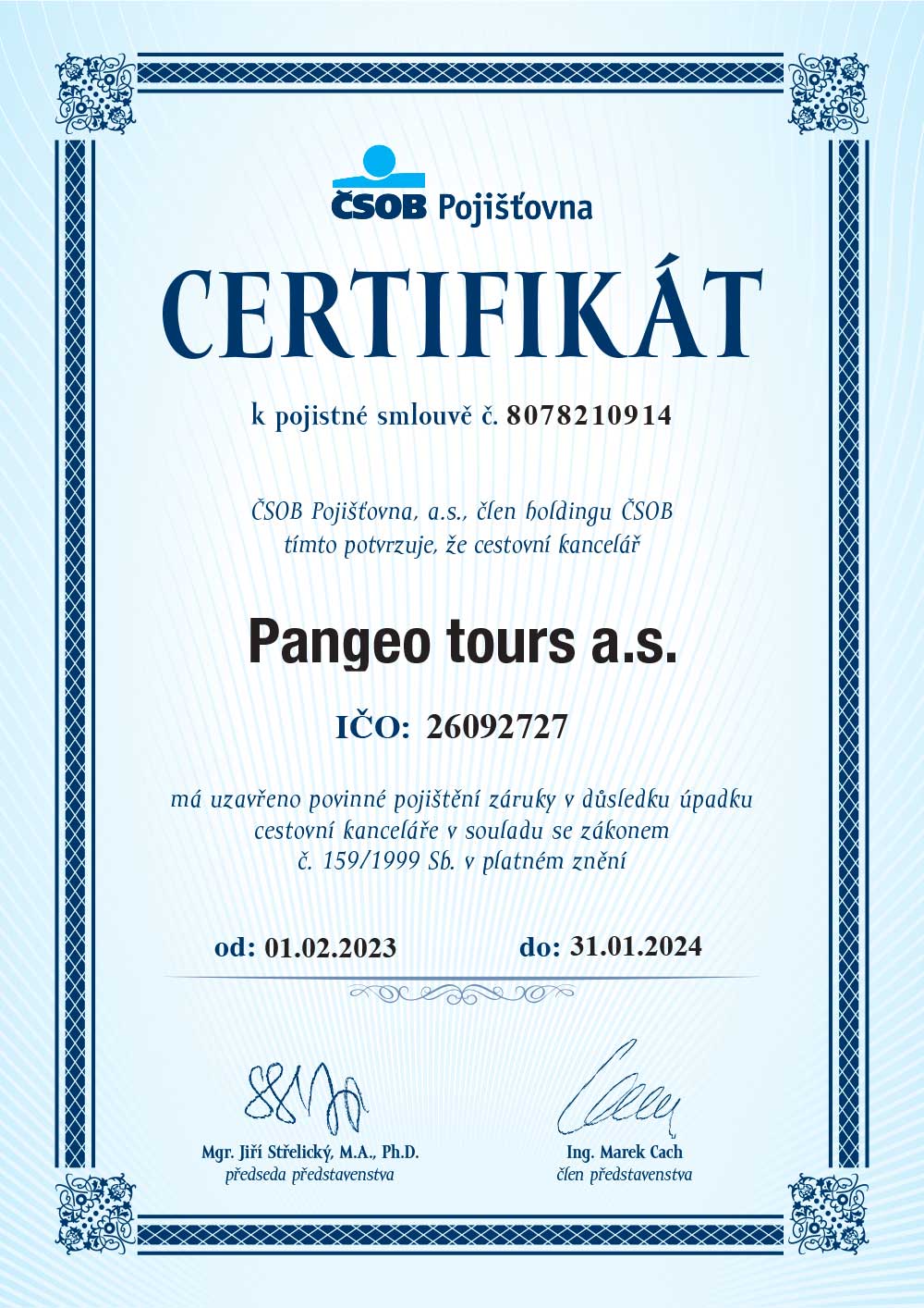 Pojištění záruky pro případ úpadku CK Pangeo tours a.s. - 2023