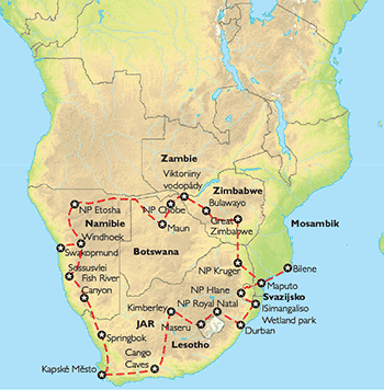 Poznávací zájezd Velký okruh jižní Afrikou, Mapa